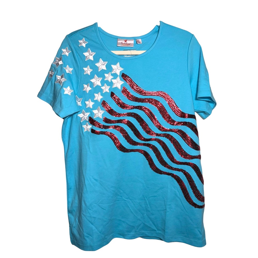 Quacker Factory Jeanne Bice NWT M Patriotic Sequin Flag‎ Tee USA July 4th Top